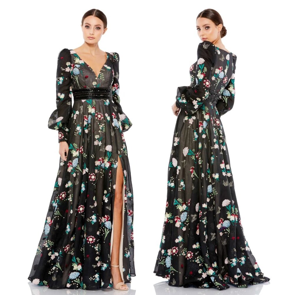 MAC DUGGAL | EMBROIDERED BISHOP SLEEVE V NECK FLOWY GOWN  #79361